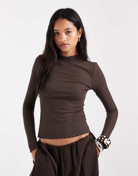 ONLY high neck long sleeve top with lettuce edge in chocolate - view 1