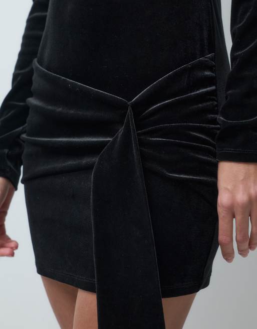 ONLY high neck long sleeve velvet mini dress with bow detail in black, 3 of 4