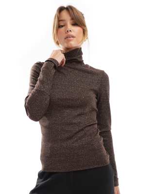 Only High Neck Lurex Top In Chocolate Brown