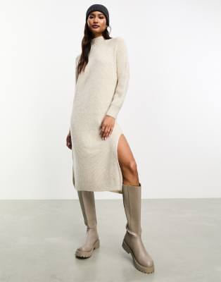 high neck maxi sweater dress in cream-White