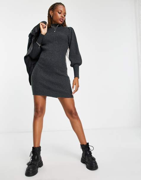 Only high neck mini sweater dress with volume sleeves in dark gray - view 1