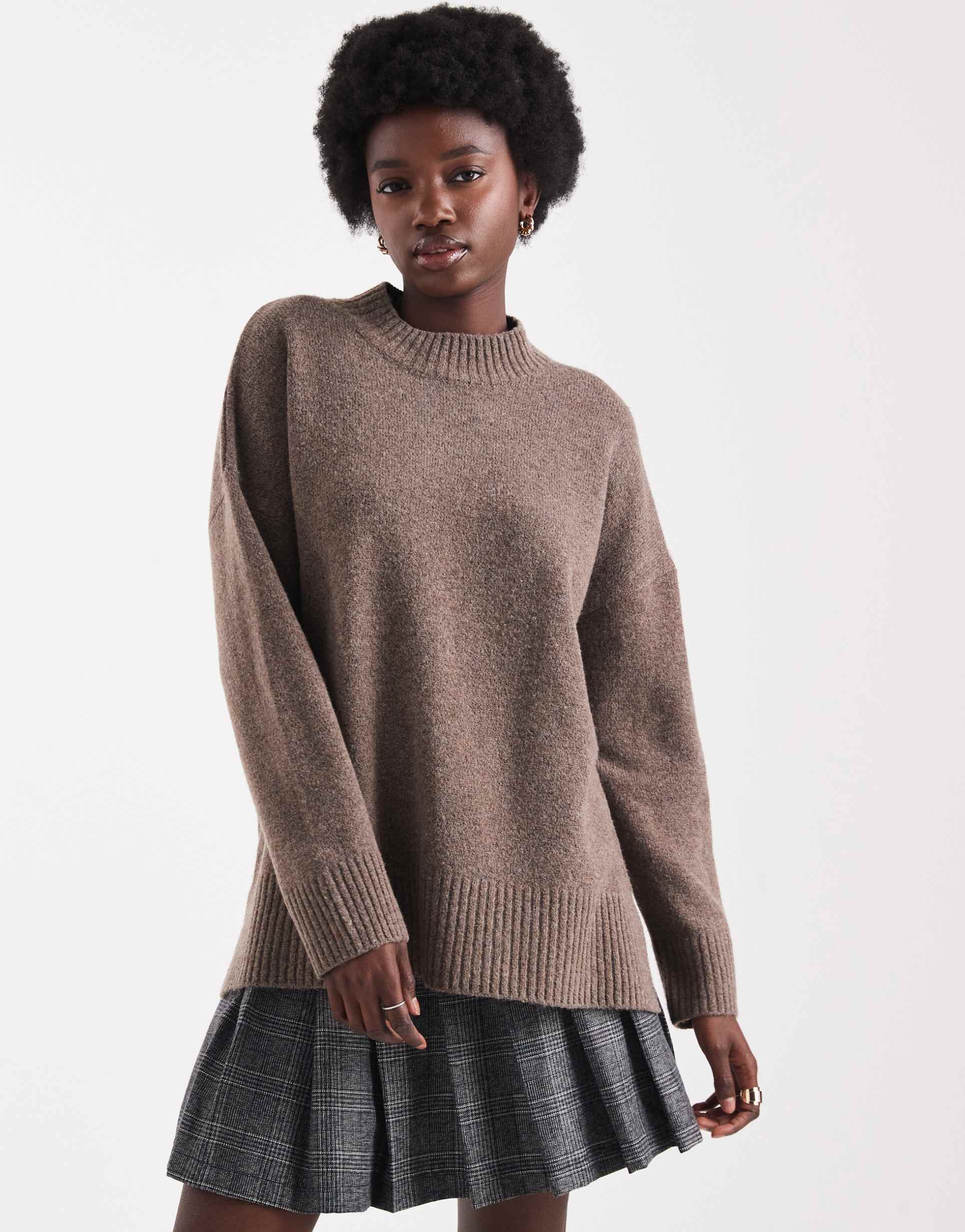 only high neck oversized sweater in brown