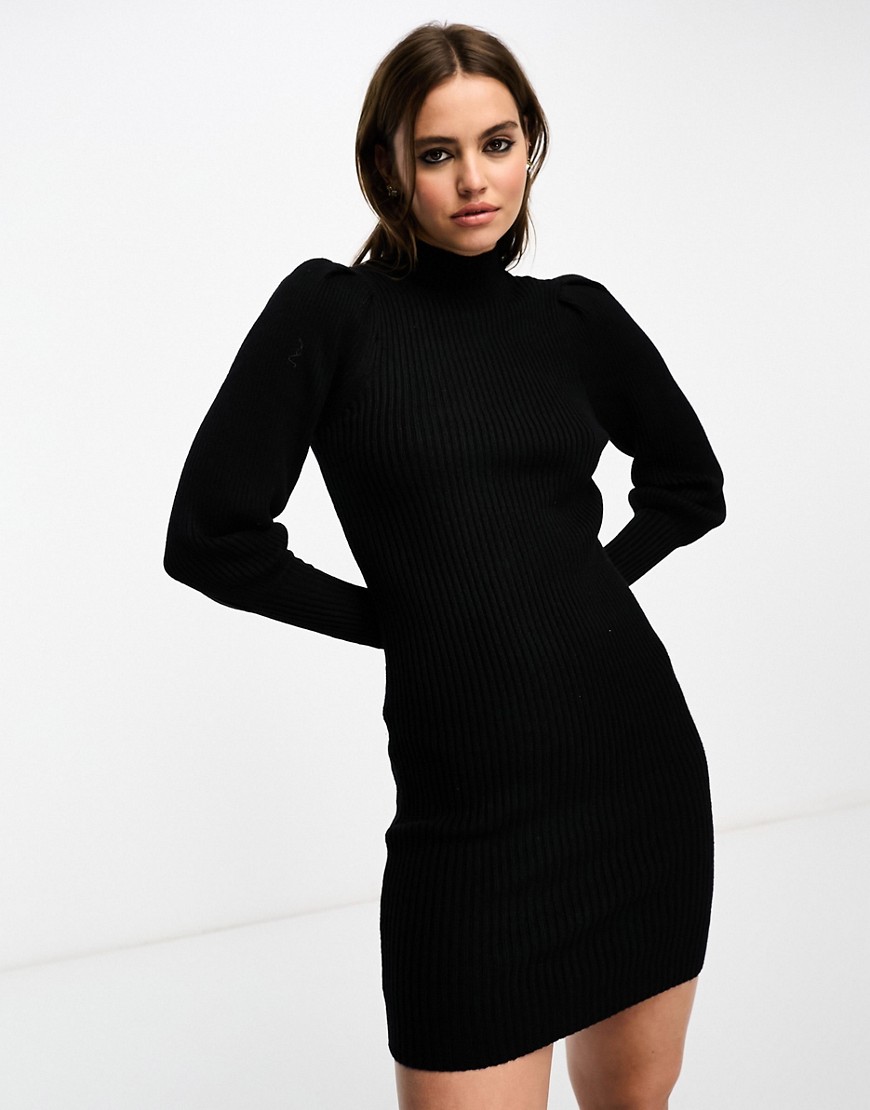 high neck puff sleeve mini sweater dress in black
