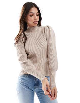 Only High Neck Puff Sleeves Sweater In Light Beige-neutral