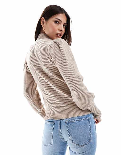 ONLY high neck puff sleeves sweater in light beige | ASOS ONLY high neck puff sleeves sweater in light beige | ASOS