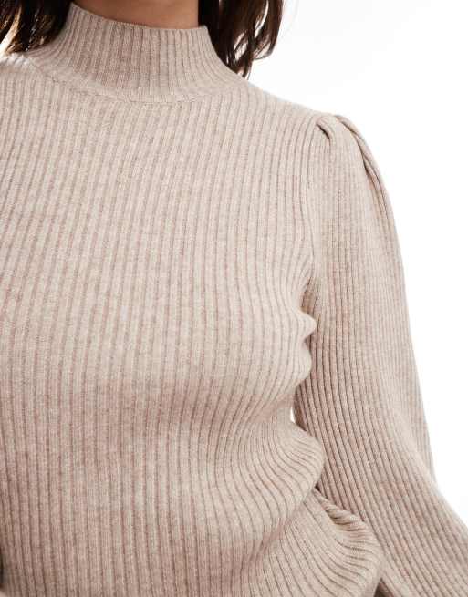 ONLY high neck puffy sleeve jumper in light beige , 4 of 4