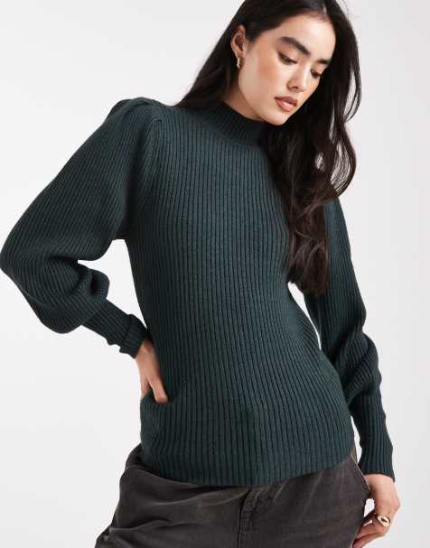 ONLY high neck puffy sleeves jumper in dark green - view 1