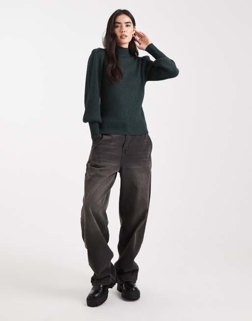 ONLY high neck puffy sleeves jumper in dark green, 2 of 4