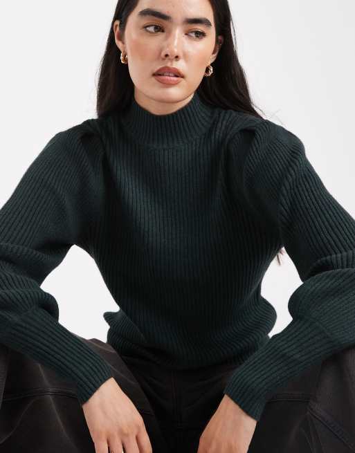ONLY high neck puffy sleeves sweater in dark green, 4 of 4