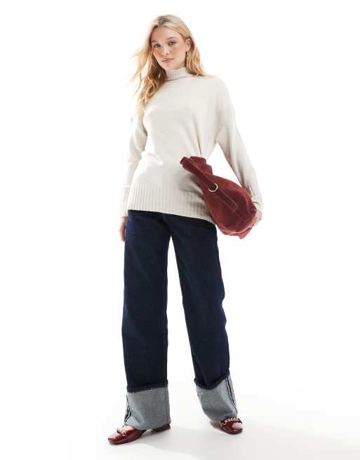 ONLY high neck ribbed longline sweater in cream, 3 of 4