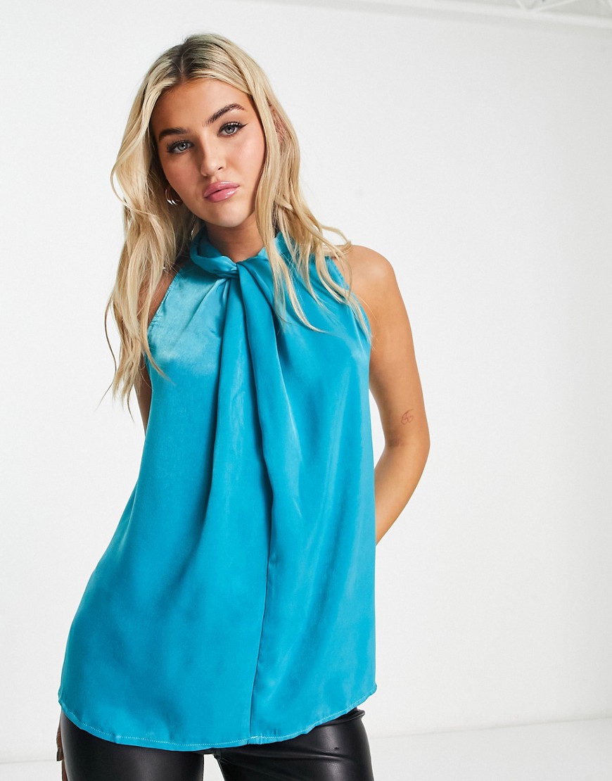 Only high neck satin top in blue