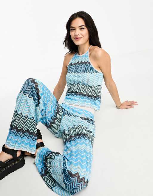 Only high neck singlet top in blue glitter chevron print (part of a set) , 3 of 4