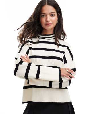 high neck stripe sweater in cream & black stripe-Gray