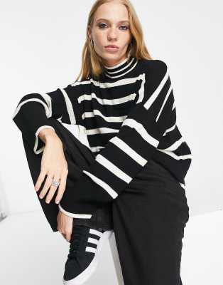 high neck sweater in black & white stripe-Multi