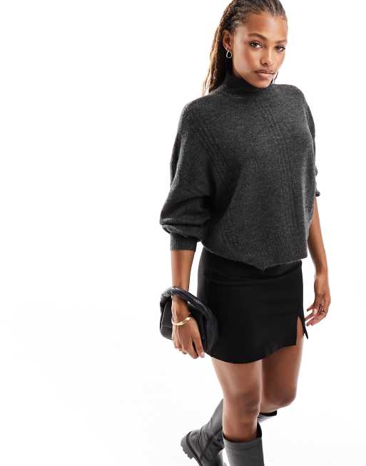 Only high neck sweater with stitch details in dark gray melange