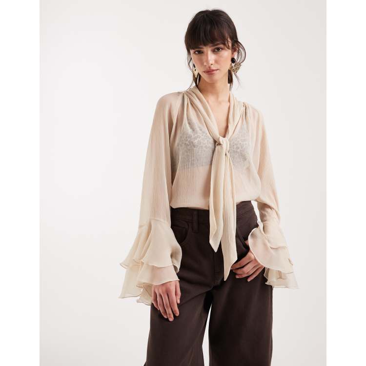 ONLY high neck tie detail sheer blouse with frill sleeves in cream