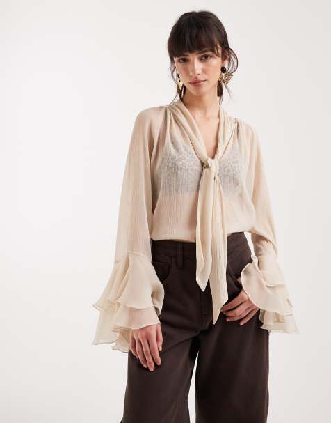 ONLY high neck tie detail sheer blouse with frill sleeves in cream