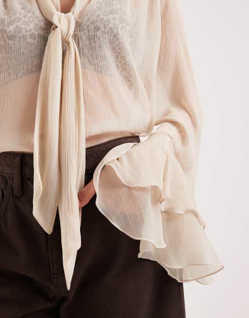 ONLY high neck tie detail sheer blouse with frill sleeves in cream, 2 of 4