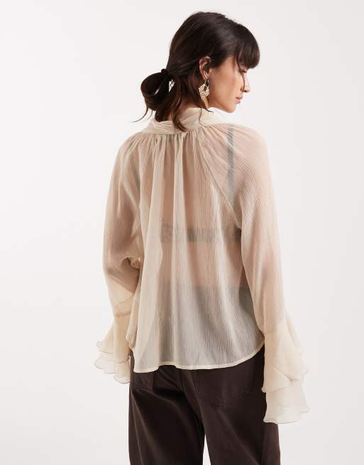 ONLY high neck tie detail sheer blouse with frill sleeves in cream