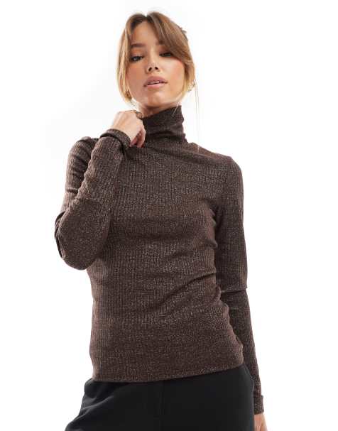 ONLY high neck top in chocolate brown - view 1