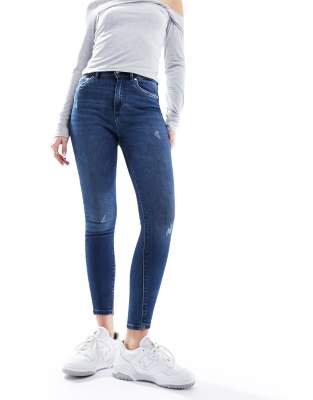 Only High Rise Ankle Length Skinny Jeans In Dark Blue Denim