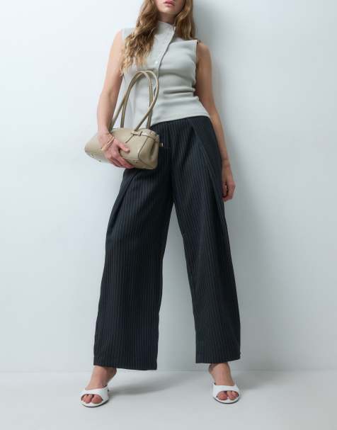 ONLY high rise barrel leg pants with pleats in black pinstripe - view 1