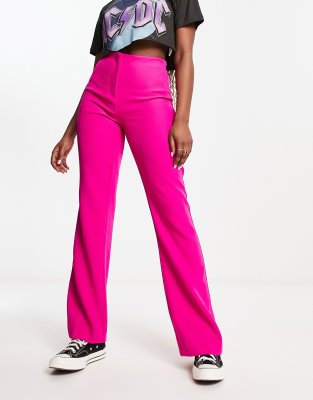 Topshop slim fit flare pants in bright pink