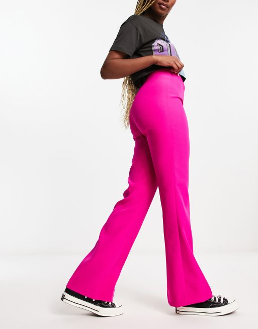 Bright Pink Textured High Waist Skinny Flare Pants