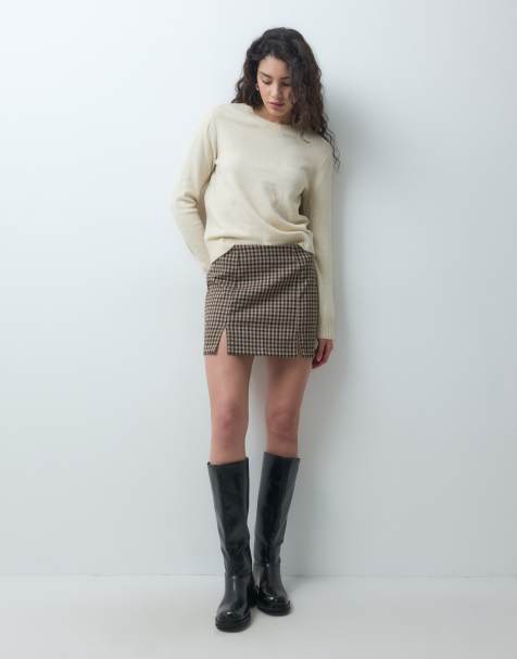 ONLY high rise mini skirt in beige check - view 1