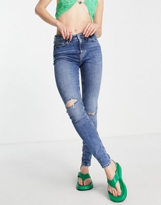 Only high rise skinny jean with distressing in mid blue - ASOS Price Checker