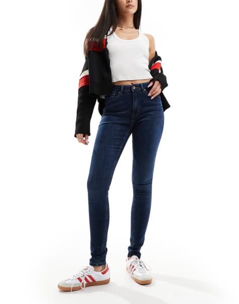 ONLY high rise skinny jeans in dark blue denim - view 1