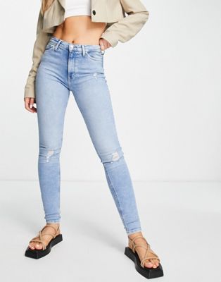 Only high rise skinny jeans with distressed knees in light wash - ASOS Price Checker