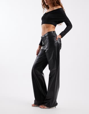 Only High Rise Wide Leg Faux Leather Pants With Woven Details In Black