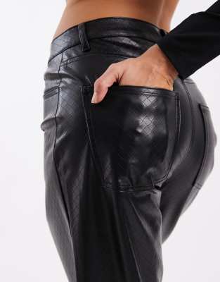 Only High Rise Wide Leg Faux Leather Pants With Woven Details In Black