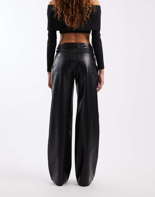 ONLY high rise wide leg faux leather pants with woven details in black, 3 of 5