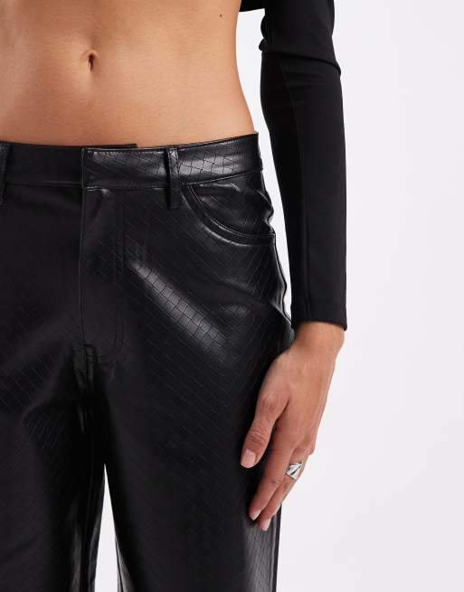 ONLY high rise wide leg faux leather pants with woven details in black, 4 of 5