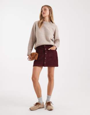 ONLY ONLY high waist cord skirt in burgundy-Red