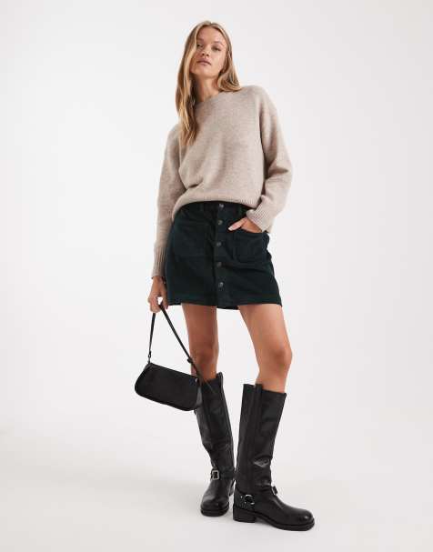 ONLY high waist cord skirt in dark green - view 1