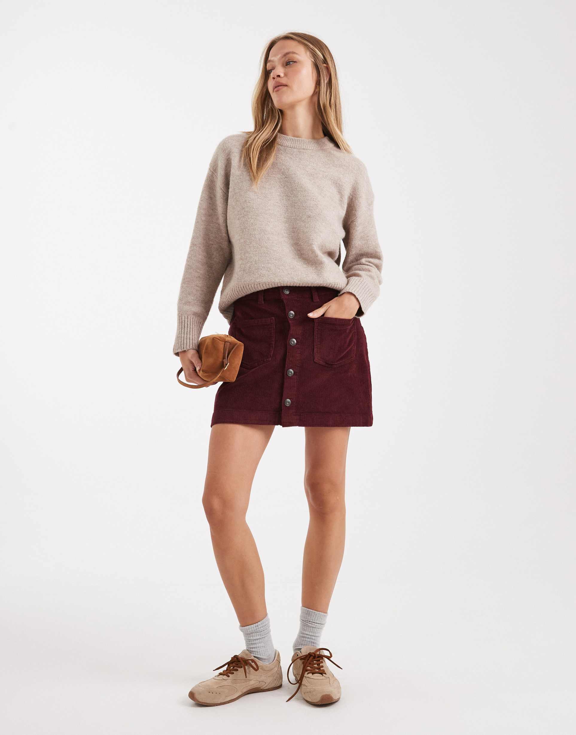 only high waist corduroy skirt in burgundy