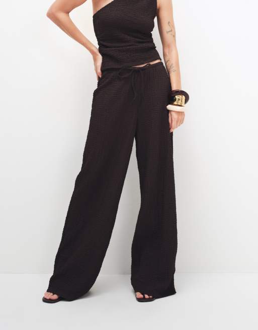 ONLY high waist crinkle textured pants in dark brown, part of a set, 2 of 7