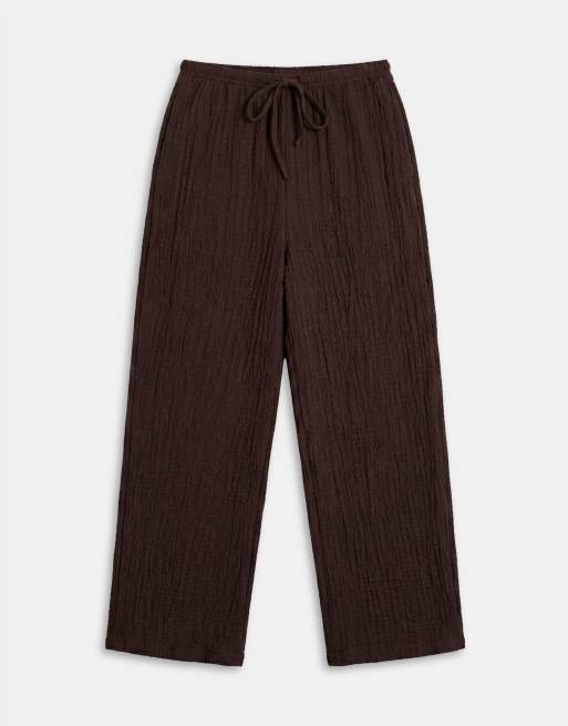ONLY high waist crinkle textured pants in dark brown, part of a set, 6 of 7