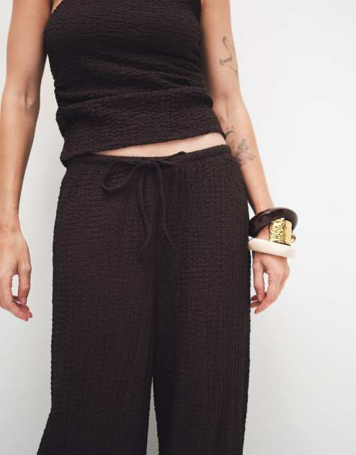 ONLY high waist crinkle textured trousers co-ord in dark brown, 5 of 7