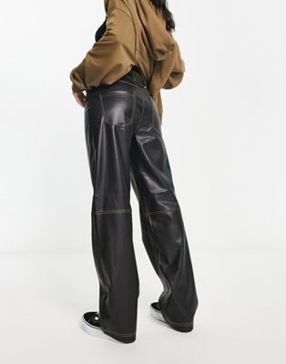 Only high waisted faux leather wide leg pants in black