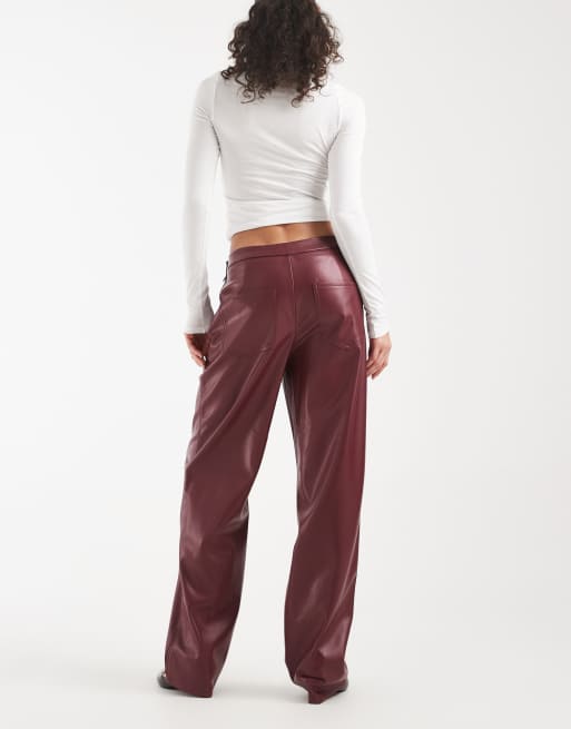 ONLY high waist faux leather straight pants in burgundy , 3 of 5
