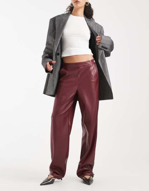 ONLY high waist faux leather straight trousers in burgundy - view 1