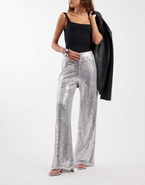 ONLY high waist pull on sequin pants in silver - view 1