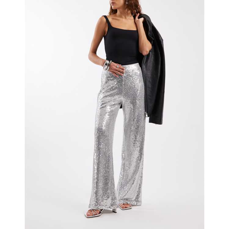 ONLY high waist pull on sequin pants in silver | ASOS