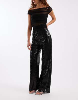 ONLY ONLY high waist pull on sequin trousers in black