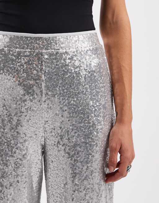 ONLY high waist pull on sequin trousers in silver, 4 of 5