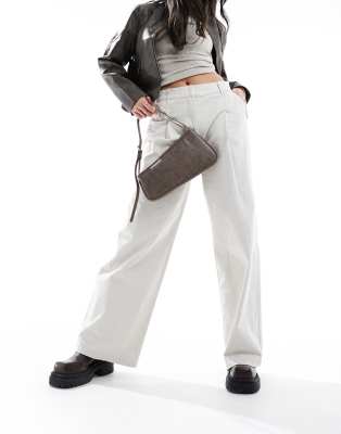 high waist wide fit pants with pleat detail in stone-Neutral